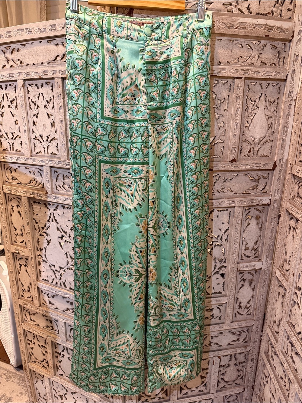 Printed Mint Green Maxi Pants with Scarf-Print Detail